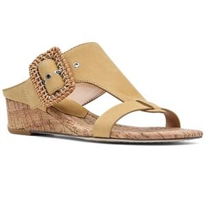 New Donald Pliner‎ Sandals 10 Wedge Tan Leather Cork Buckle Boho Summer Vinesp